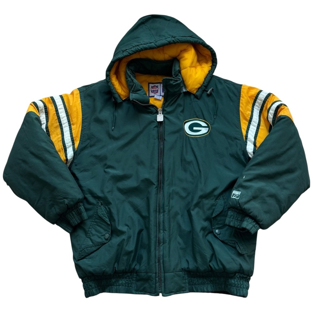 VTG Logo 7 Green Bay Packers Quilted Coat Mens XL NFL 90s Hooded Zip Up